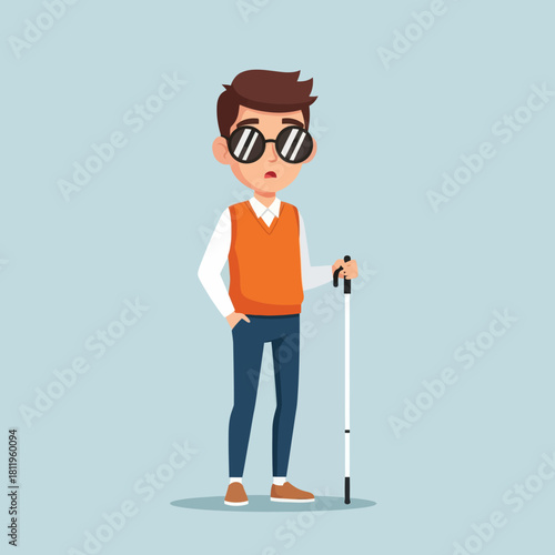 A blind man with sunglasses holding a white cane, illustrated in a flat modern style. Perfect for disability awareness, accessibility concepts, and inclusive design themes.