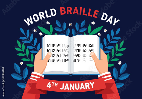 Illustration celebrating World Braille Day with hands holding an open Braille book, highlighting accessibility, inclusion, and support for the visually impaired on January 4th.