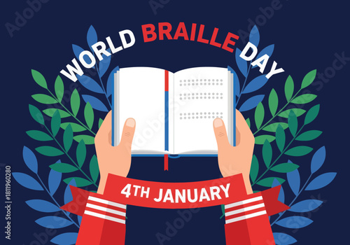 Illustration celebrating World Braille Day with hands holding an open Braille book, highlighting accessibility, inclusion, and support for the visually impaired on January 4th.
