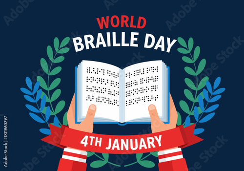Illustration celebrating World Braille Day with hands holding an open Braille book, highlighting accessibility, inclusion, and support for the visually impaired on January 4th.