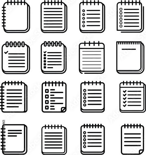 Collection of sixteen hand drawn notebooks with different page layouts and binding styles perfect for note taking planning or journaling in black and white