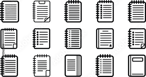 Set of fifteen different notebook icons with spiral binding lined pages and varying shapes perfect for digital design and educational resources