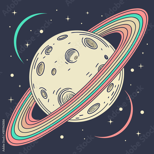 Stylized planet with colorful rings and moons in starry space galaxy cosmos