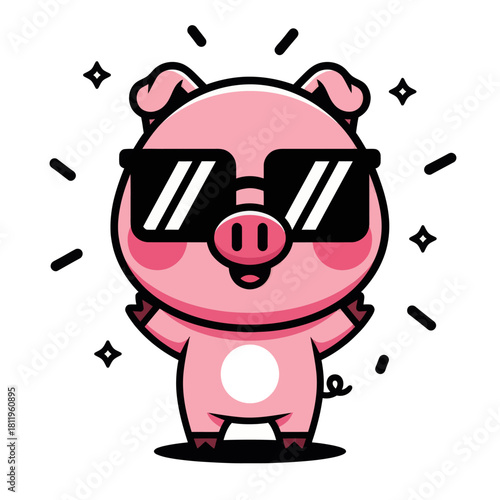 Cute cartoon pig wearing stylish sunglasses, drawn in a fun kawaii style. Perfect for stickers, children’s designs, merchandise, and playful character illustrations.