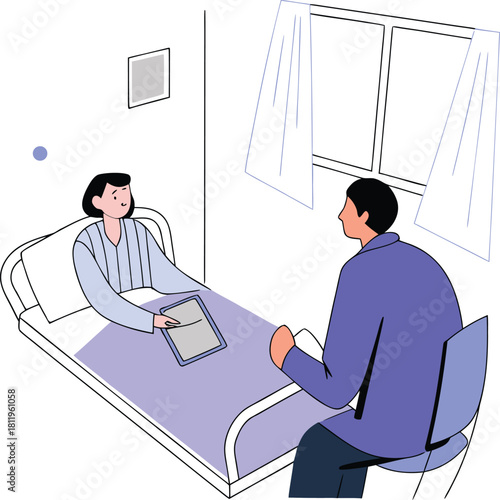 Doctor or visitor sitting bedside with patient in hospital bed, discussing information on a tablet.