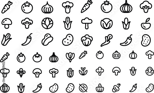Collection of hand drawn vegetables in a grid pattern featuring carrots tomatoes onions broccoli corn potatoes peppers and mushrooms for healthy eating