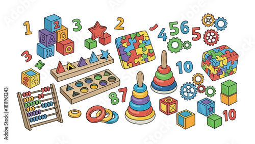 Playtime Education: A vibrant collection of educational toys, blocks, and geometric shapes arranged artfully, a scene that sparks curiosity and celebrates learning for all ages.