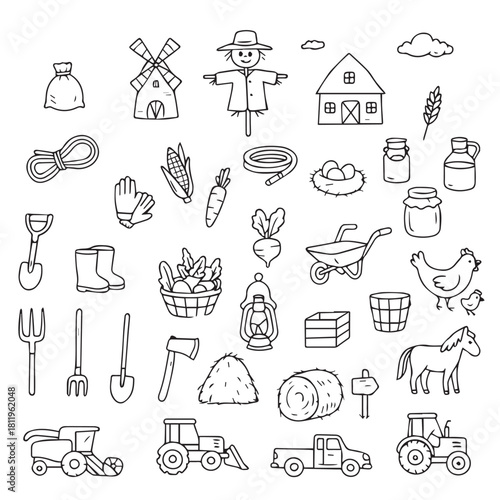 Vector illustration showcasing a collection of hand-drawn farm elements. Includes tractors, scarecrow, windmill, vegetables, and farm animals