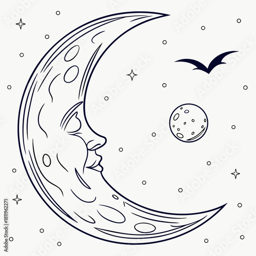 Stylized Crescent Moon Face with Stars and Bird Silhouette night