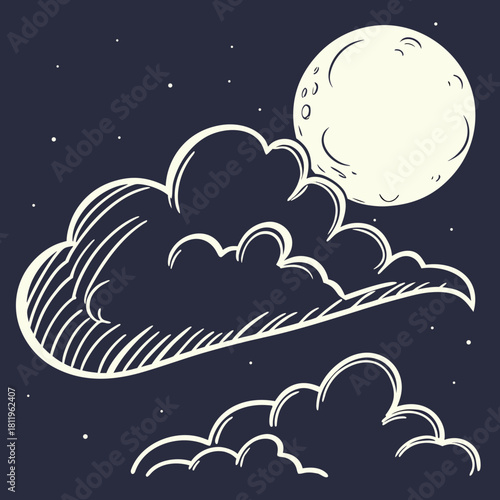 Hand Drawn Moon and Clouds in a Starry Night Sky stars
