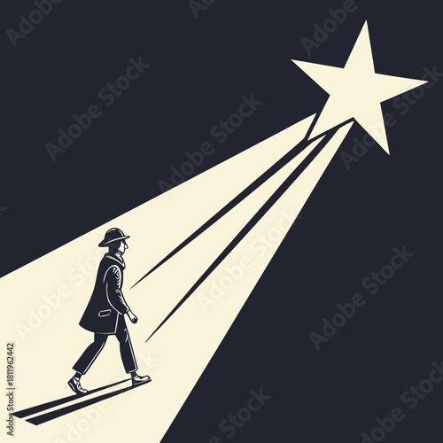 Silhouette of man in hat walking towards a bright star in spotlight vector illustration