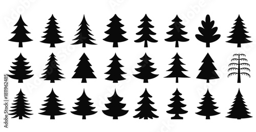 Pine and fir tree silhouette set, evergreen forest illustration collection, natural woodland elements vector icons for landscape design, cad drawing flat vector illustration