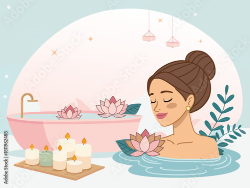 Beauty salon and spa doodle set. Skin care and natural treatment, natural cosmetics concept, time for yourself. Spa with aroma oil, nail file, sleep mask and other care items.	
