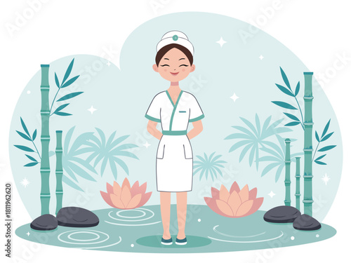 Beauty salon and spa doodle set. Skin care and natural treatment, natural cosmetics concept, time for yourself. Spa with aroma oil, nail file, sleep mask and other care items.	
