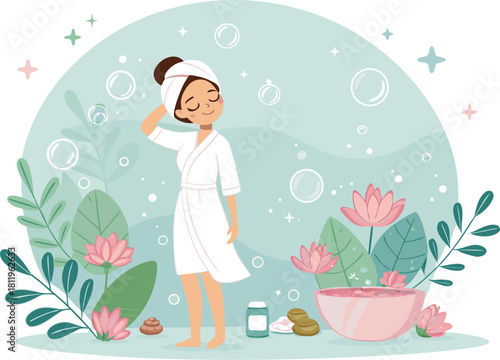 Beauty salon and spa doodle set. Skin care and natural treatment, natural cosmetics concept, time for yourself. Spa with aroma oil, nail file, sleep mask and other care items.	
