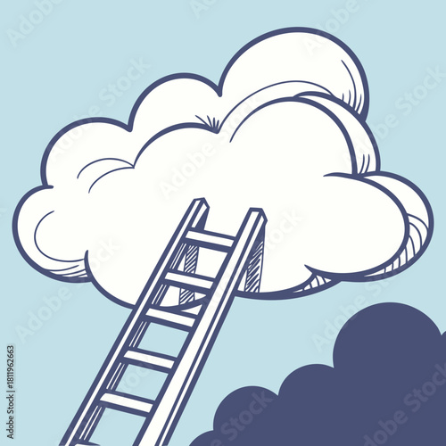 Ladder leaning against a fluffy white cloud against a blue sky vector illustration