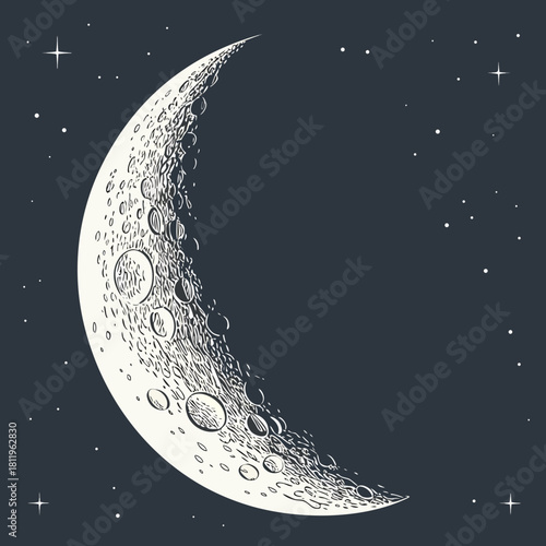 Crescent Moon With Craters And Stars In Dark Sky night