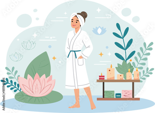 Beauty salon and spa doodle set. Skin care and natural treatment, natural cosmetics concept, time for yourself. Spa with aroma oil, nail file, sleep mask and other care items.	
