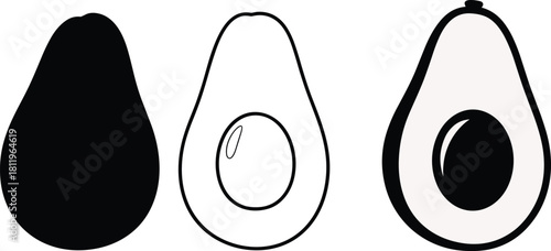 Set of three avocado icons including black silhouette, line art outline, and flat style half with seed, isolated on white background.