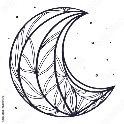 Crescent moon with decorative patterns and stars on white background night