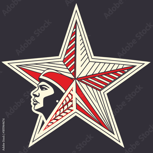 Stylized star with profile of a person and red accents on dark background five-pointed