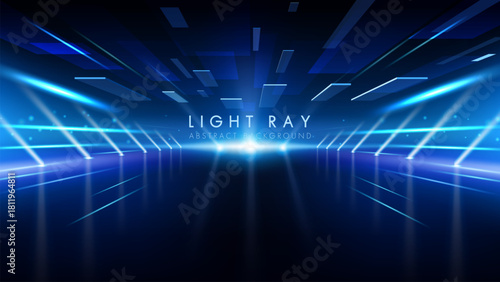 Futuristic blue stage background with floating blocks and light rays.