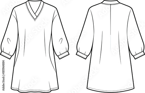 V-neck tunic dress, loose fit long sleeve design, fashion flat sketch, vector apparel template, technical CAD garment illustration for designers