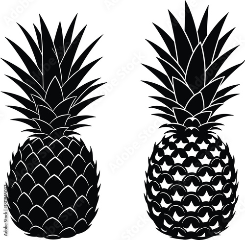 Set of two black pineapple silhouettes featuring spiky leaves and textured skin, isolated on white background, tropical food vector illustration design.