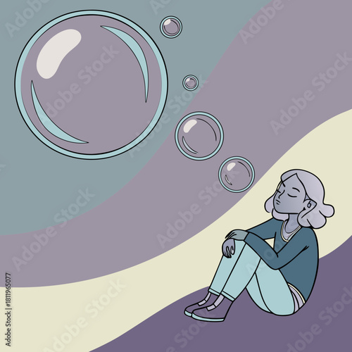 Young woman sitting and dreaming with large thought bubbles above her girl thinking