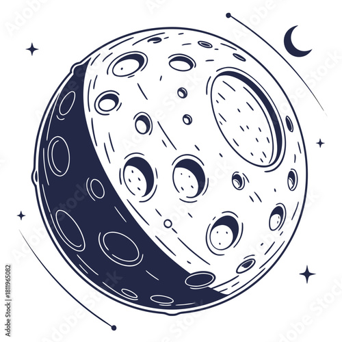 Stylized moon with craters and stars space celestial
