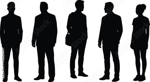 Vector collection of five business people silhouettes standing in a row featuring men and woman isolated on white background for corporate team concepts.
