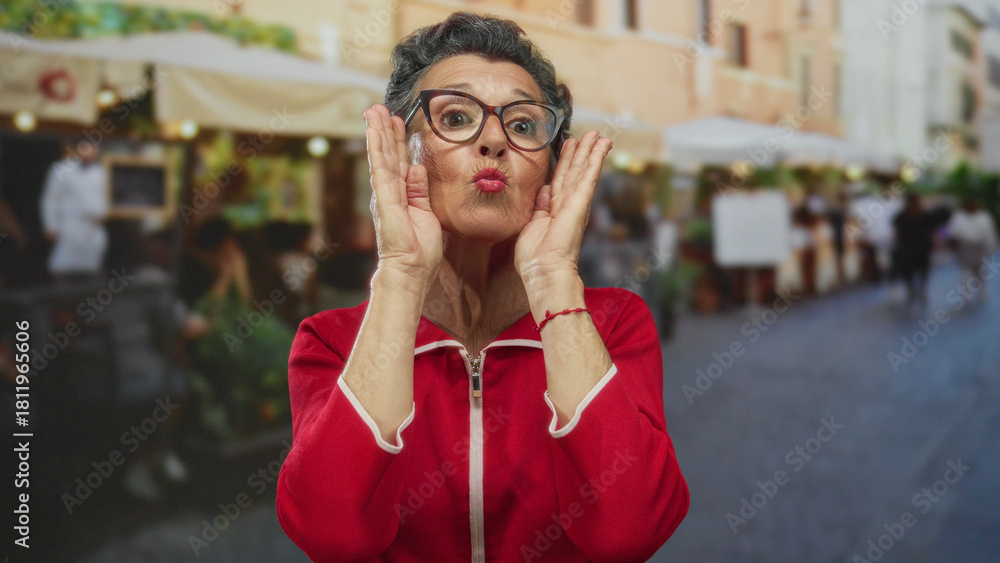 Fototapeta premium Senior woman with grey hair making funny faces outdoors in a vibrant old town street setting, surrounded by urban architecture and lively atmosphere.