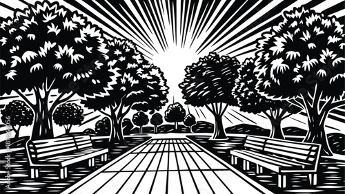 Comic Style Nature Scene with Benches