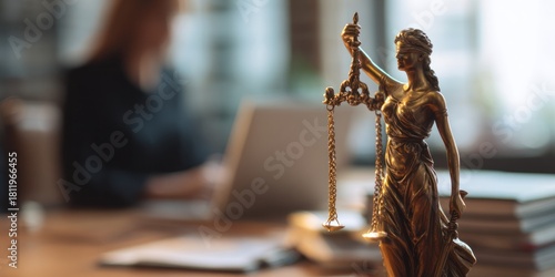 Justice statue in law office with blurred background, legal concept.