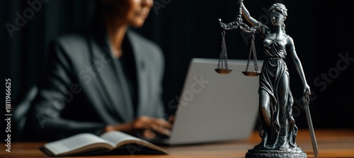 Lady Justice Statue with Lawyer Working on Laptop.