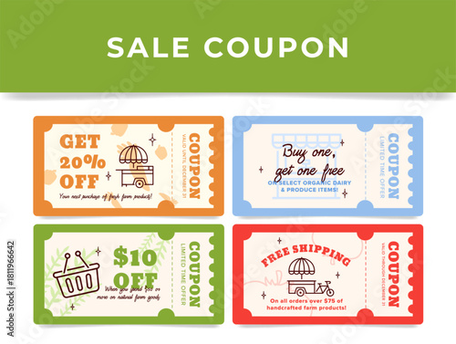 Farmers market sale coupon design templates offering discounts on organic produce and free shipping.