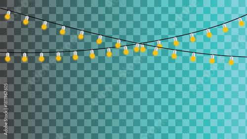 Two strings of yellow light bulbs crossing on a transparent background