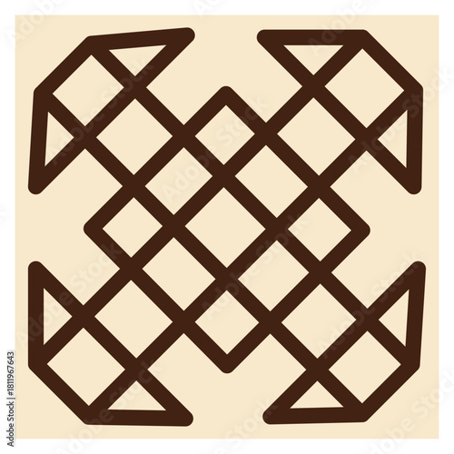 The image displays a stylized, symmetrical geometric pattern, resembling an intricate knot or trellis design