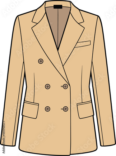Double breasted tailored blazer, flat fashion sketch, vector apparel template, structured jacket design, technical CAD garment illustration for designers