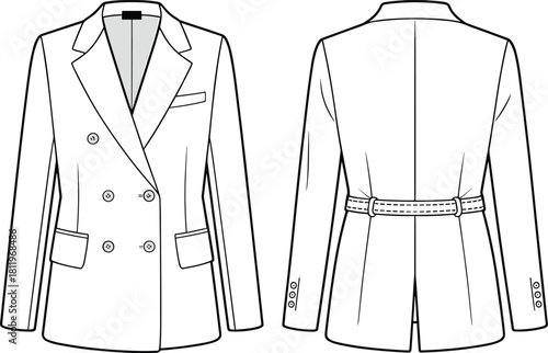 Double breasted tailored blazer, fashion flat sketch, vector apparel template, structured jacket design, technical CAD garment illustration for designers