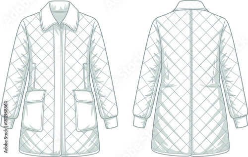 Quilted long jacket technical fashion flat with diamond stitching, front zipper, flap pockets, cuffed sleeves, and detailed vector illustration