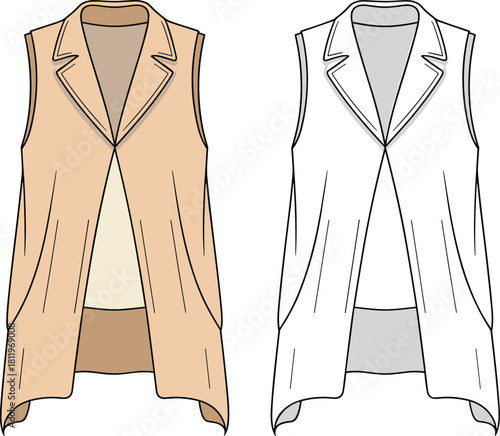 Sleeveless blazer vest, draped front fashion illustration, flat vector apparel template, tailored collar garment design, technical CAD clothing sketch