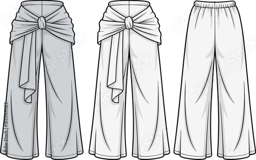 Wide leg draped knot pants, fashion flat sketch, vector apparel template, front tie wrap trousers design, technical CAD clothing illustration