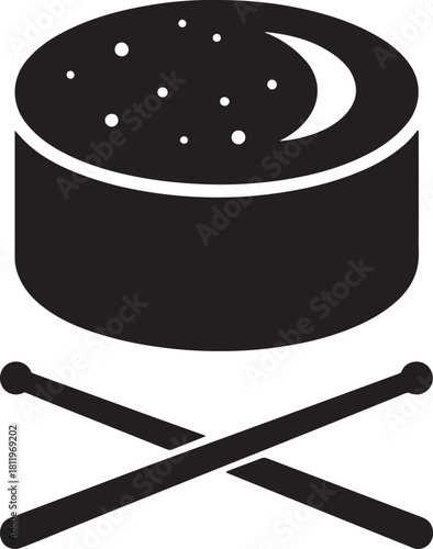 Night drum icon with stars, moon, and crossed drumsticks