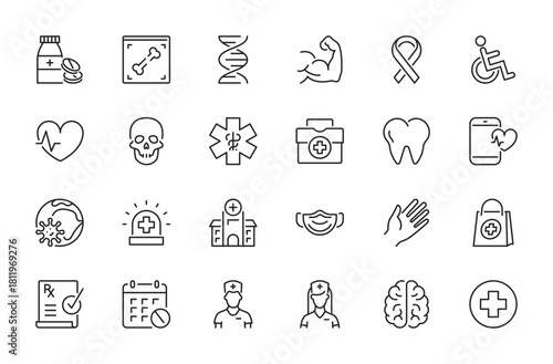 Medicine icon set. Cardiogram, first aid kit, medical, hospital, medical mask, doctor, nurse, pharmacy, cancer, tablets bottle, x-ray,disabled, prescription, etc. Vector illustration. Editable stroke.