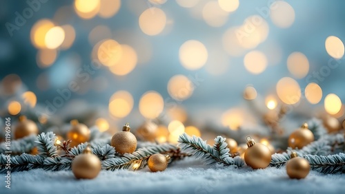 Sparkling golden Christmas ornaments adorn snowy pine, casting a warm glow against a soft blue backdrop, perfect for holiday promotions and festive designs