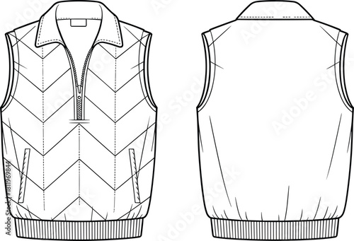 Chevron quilted sleeveless vest, technical CAD drawing, flat vector apparel illustration, zipper collar pullover vest design, fashion template mockup