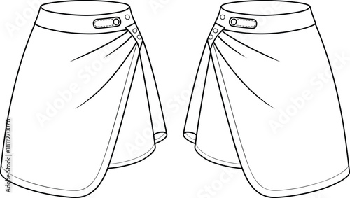 Wrap skirt technical drawing, flat fashion vector template, adjustable waistband design, draped panel skirt illustration, apparel CAD sketch