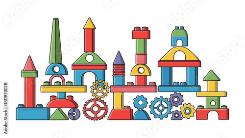 Colorful Building Blocks: An array of colorful building blocks create various shapes and structures, symbolizing creativity, childhood, and imagination. 