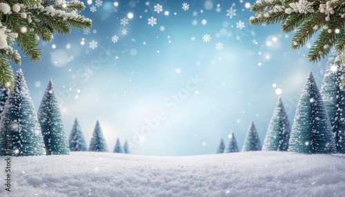 Winter wonderland scene with snowflakes falling and evergreen trees in a serene landscape captured in a peaceful environment for a magical seasonal experience